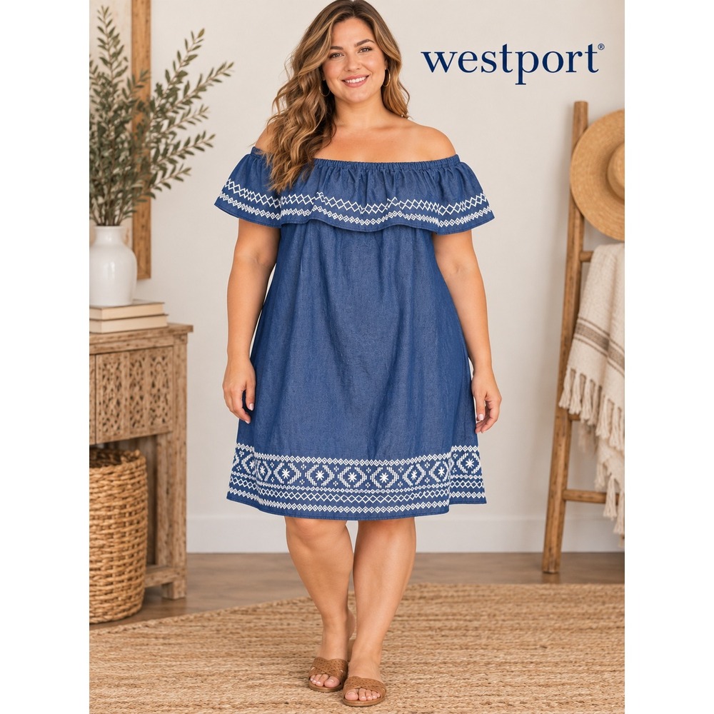 Westport Womens 3X Off The Shoulder Embroidered Denim Blue Shift Dress Boho